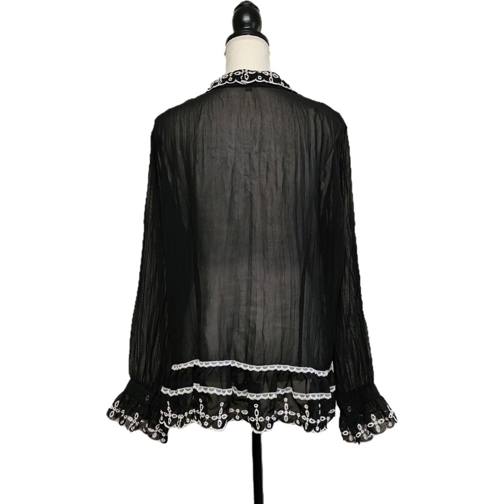 NY Collection Black Ruffle Sheer Blouse with White Embroidery - Picture 3 of 8
